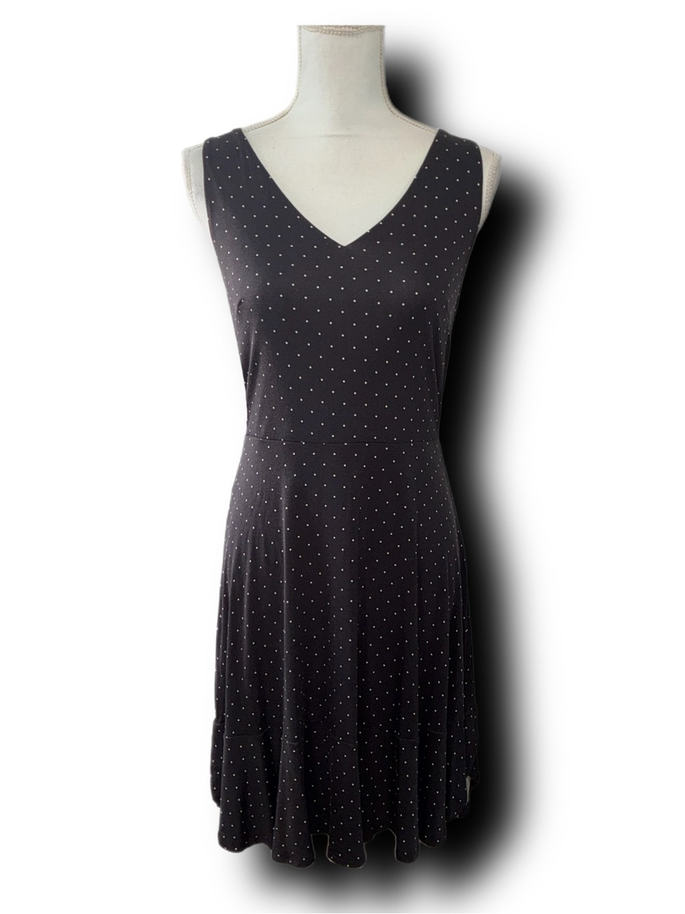 LOFT Black Polka Dot V-Neck Sleeveless Ruffle Hem Dress